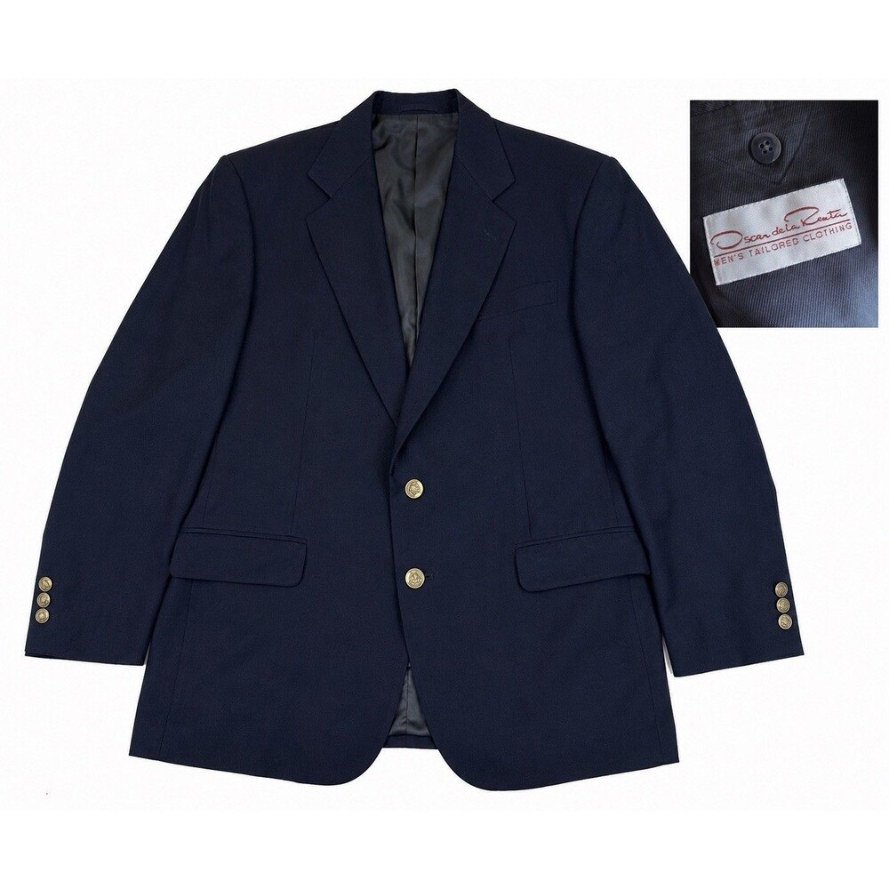 VTG Oscar de la Renta 43L Navy Wool Blazer Sport Coat Gold Buttons Men USA 2 Btn